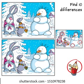 Snowman and two rabbits. Find 10 differences. Educational matching game for children. Cartoon vector illustration