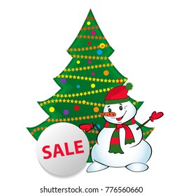 Snowman under the Christmas tree with a circular sign sale. Vector illustration.