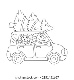 The snowman and the unicorn ride in the car and carry the Christmas tree. Coloring book page for kids. Cartoon style character. Vector illustration isolated on white background.