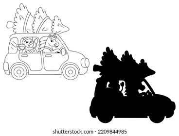 The snowman and the unicorn ride in the car and carry the Christmas tree. Black silhouette. Design element.