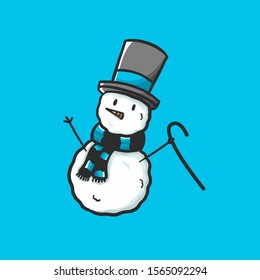Snowman use stick with hat and scarf on blue background. Winter vector illustration