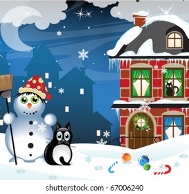  Snowman and vagrant cat in a snow-covered city