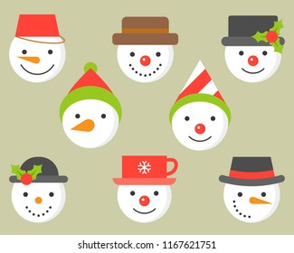 snowman and various hat icon for winter and christmas, flat design illustration vector