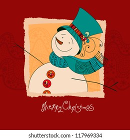 Snowman vector card and illustration with the scarf, hat. Cute snow man winter character. Winter Christmas poster.