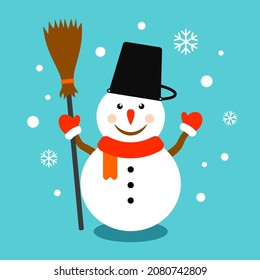 Snowman vector cartoon, Christmas greeting card design. Cute cheerful snowman with broom and bucket.