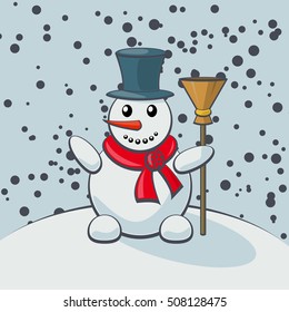 Snowman vector cartoon image of funny light blue  with orange nose, in a black tall hat and red scarf, with a broom in his hand against the background of falling snow. Holiday, Christmas, New Year.