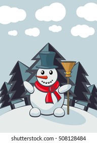 Snowman vector cartoon image of funny light blue  with orange nose, in a black tall hat and red scarf, with a broom in his hand on the background of winter trees. Winter, Holiday, Christmas, New Year.