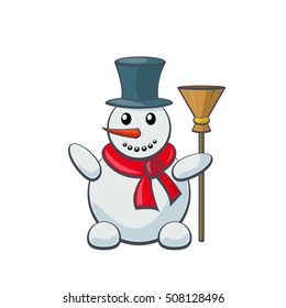 Snowman vector cartoon image of funny light blue  with orange nose, in a black tall hat and red scarf, with a broom in his hand on a white background. Winter, Holiday, Christmas, New Year.
