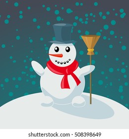 Snowman vector cartoon image of funny light blue  with orange nose, in a black tall hat and red scarf, with a broom in his hand against the background of falling snow. Holiday, Christmas, New Year.