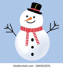 Snowman vector design on a blue background. Christmas design with a snowman. A winter snowman with neck muffler, hat, tree branch, buttons, and carrot nose.