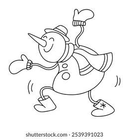 Snowman. Vector drawing. Cartoon funny dancing snowman. New Year's character. Coloring pages for children