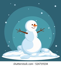 Snowman vector flat helper under winter landscape. Snowman icon flat style. Christmas vector illustration