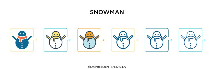 Snowman vector icon in 6 different modern styles. Black, two colored snowman icons designed in filled, outline, line and stroke style. Vector illustration can be used for web, mobile, ui