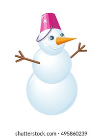 Snowman vector illustration. Flat design. Snowman made with three balls of snow with bucket instead of hat, carrot nose and hands from branches. Snowy entertainments. Celebrating winter holidays