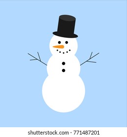 Snowman vector illustration. Snowman with hat on blue background.