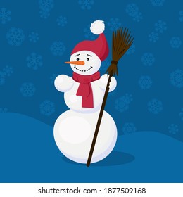 Snowman. Vector illustration of a snowman in a hat and scarf. A snowman stands in a snowdrift against a background of snowflakes. snowman holding a broom