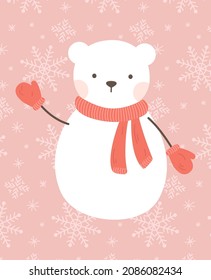 Snowman vector illustration. Isolated white polar bear clip art. Cute Christmas character. Flat winter design.