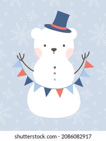 Snowman vector illustration. Isolated white polar bear clip art. Cute Christmas character. Flat winter design.