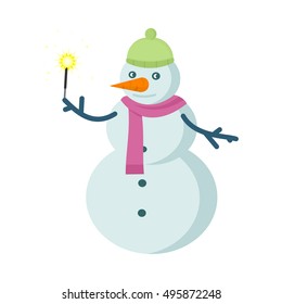 Snowman vector illustration. Snowman made with three balls of snow with bucket instead of hat, carrot nose and hands from branches holding sparkler. Snowy entertainments. Celebrating winter holidays