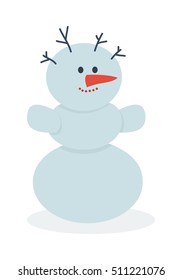 Snowman vector illustration. Snowman made with three balls of snow with branches in head, carrot nose and hands. Snowy entertainments. Celebrating winter holidays. New Year and Christmas concept.