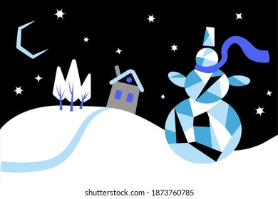 Snowman vector illustration. Modern style. Black background. Design for cards, package.