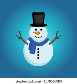 Snowman vector illustration on white background. flat vector wearing a hat on a cyan background.EPS 10. Card, character. Blue gradient background