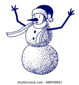 Snowman vector illustration on white background. Hand drawn