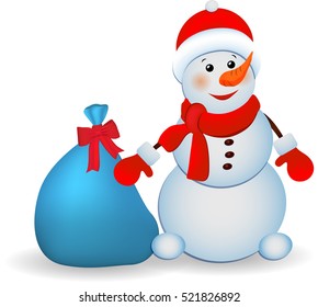 Snowman vector illustration on white background. Happy snowman with a gift bag.