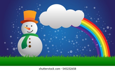 Snowman vector illustration, rainbow and clouds in the sky