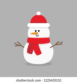 Snowman vector illustration with red hat and scarf, cartoon character in flat style