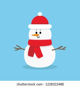 Snowman vector illustration with red hat and scarf, cartoon character in flat style