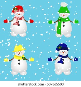 Snowman vector illustration. Set of snowmen in various hats and scarves. 