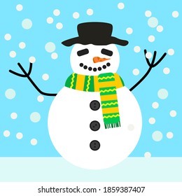 Ilustración vectorial de Snowman con caída de nieve aislada en fondo azul bueno para el diseño del tema invernal