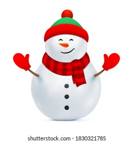 Snowman vector illustration. Snow man with a beanie hat and red gloves isolated on a white background. Christmas, or winter holidays design decoration.