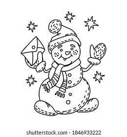 Snowman vector illustration in style outline. Coloring book.