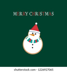 Snowman vector isolated on green background. Greeting Christmas card.