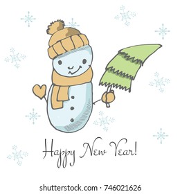 Snowman vector isolated on white background. Hand drawing sketch illustration. Doodle design. Happy New Year