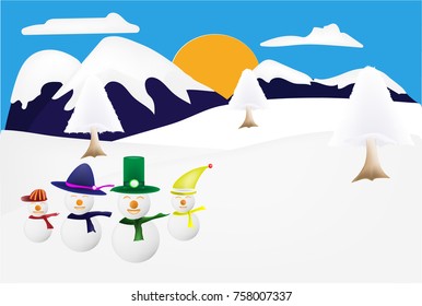 snowman vector with mountain and snow background,Christmas's day concept and happy family concept