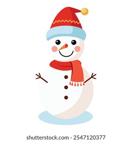 Snowman vector. Snowman vector with Santa Claus hat. Merry Christmas snowman vector. Cheerful snowman vector. 