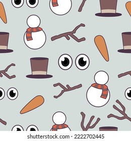 Snowman vector seamless pattern. Winter snow ornament. Carrot, eyes, sprig, hat seample pattern background.