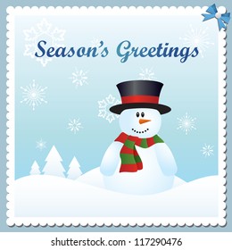 Snowman vector season's greetings card.
