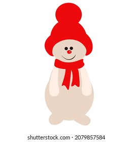 Schneemann Vektorgrafik. Ein netter Mann aus dem Schnee. Roter Hut und Schal. Winterpostkarte. Weihnachten. Einzeln auf weißem Hintergrund.