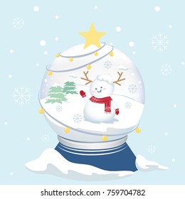 The snowman vector waving his hand in the snow globe, light bulb around the snow globe and star on top for shine light in the day of snowing.Winter is coming!