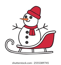 Snowman vector,  snowman wearing a santa hat and scarf vector illustration isolated on white background. 