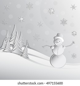 Snowman vector. Winter paper landscape with snowman, christmas trees and snowflakes. Vector illustration.