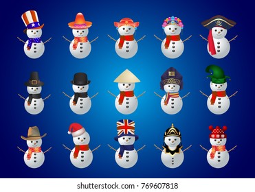 Snowman Vectors,Snowman icon, Pack of snowman with hat