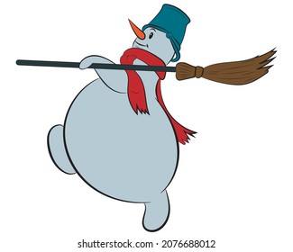 Snowman walking in profile with a bucket on his head and a scarf and a broom in his hands, isolated on a white background. Vector illustration
