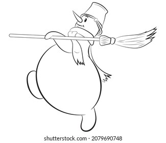 Snowman walking in profile with a bucket on his head and a scarf and a broom in his hands, isolated on a white background. Vector illustration