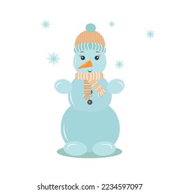 snowman in a warm hat scarf hands made of snow nose carrot