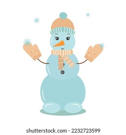 a snowman in a warm hat scarf and mittens
